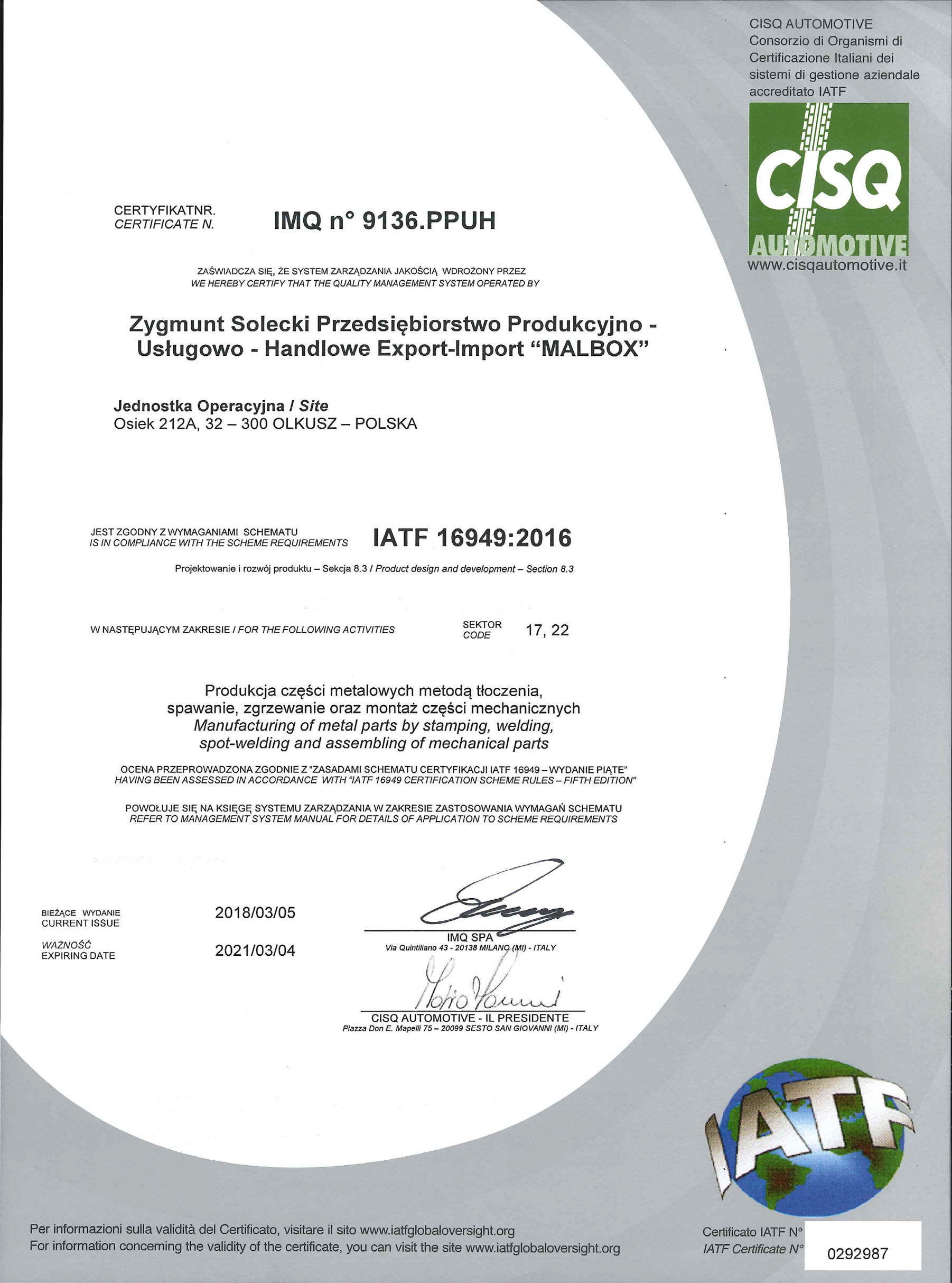 Certyfikat ISO/TS 16949